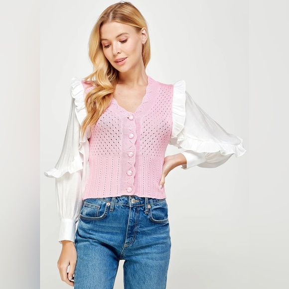 Strut & Bolt Twofer Pointelle Knit Ruffle Balloon Sleeve Cardigan Top - Picture 1 of 8